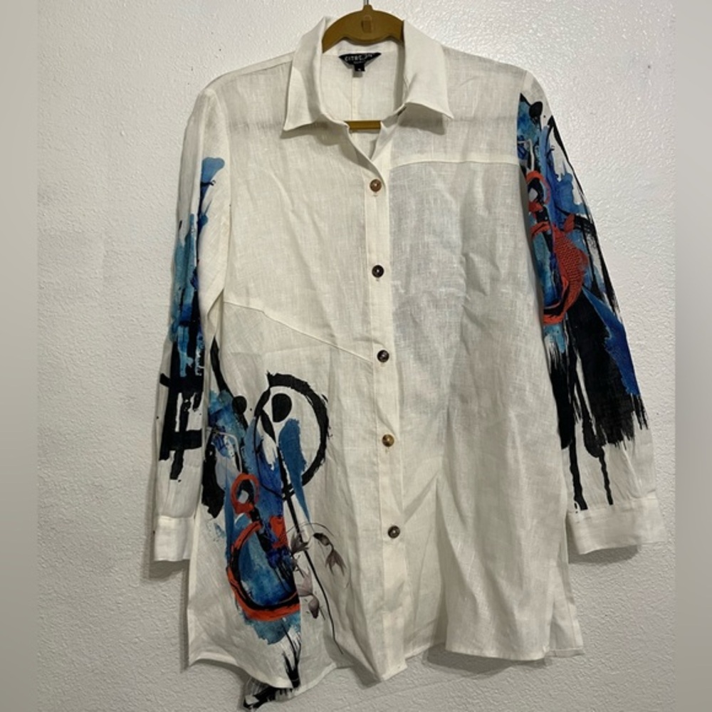 Citron Santa Monica Top Small Womens White Linen Art Asymmetrical Button Tunic